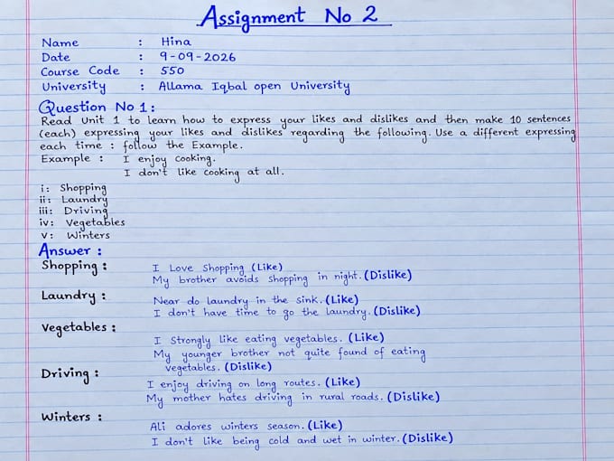 write neat handwritten assignments for aiou and students