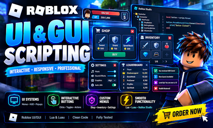 script professional roblox UI and gui systems using lua and luau