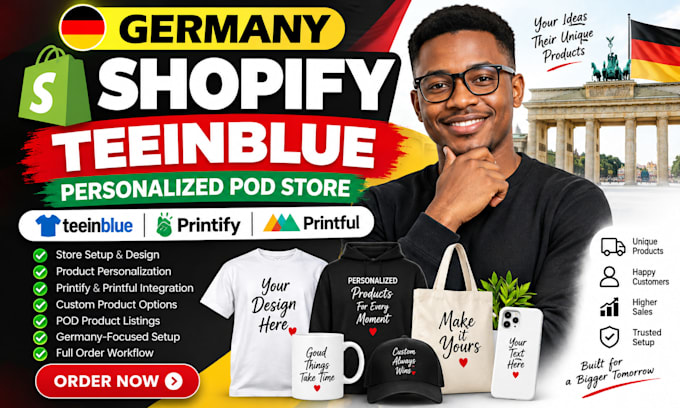 setup germany shopify teeinblue personalized pod with printify printful