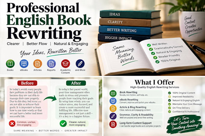 professionally rewrite your english book or long form content