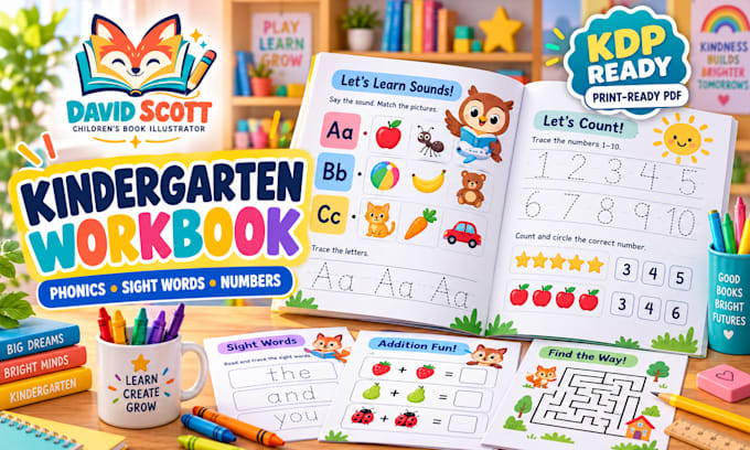 create kindergarten workbook pages with phonics, sight words and number practice