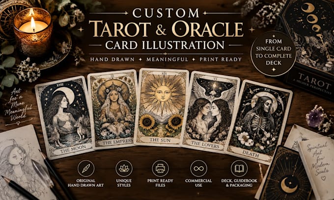design complete tarot deck with custom card illustration and packaging