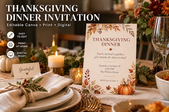 design a thanksgiving dinner invitation canva template for print and digital