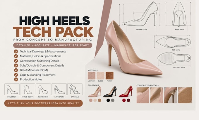 design high heels tech pack with detailed shoe specifications for manufacturing