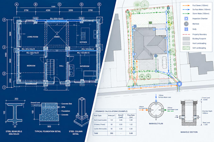 do structural engineering drawings and drainage calculations for uk extensions