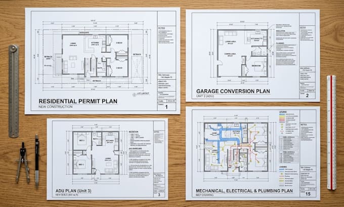 adu plan, mep drawing, garage conversion and residential permit plan drawings