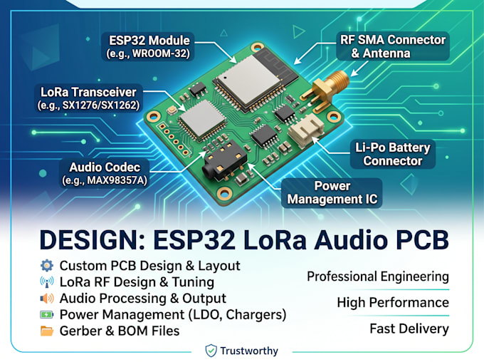 design esp32 lora audio pcb, rf antenna and power management