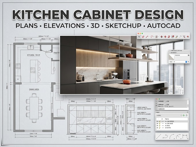 design custom kitchen cabinets with plans, elevations and 3d in sketchup
