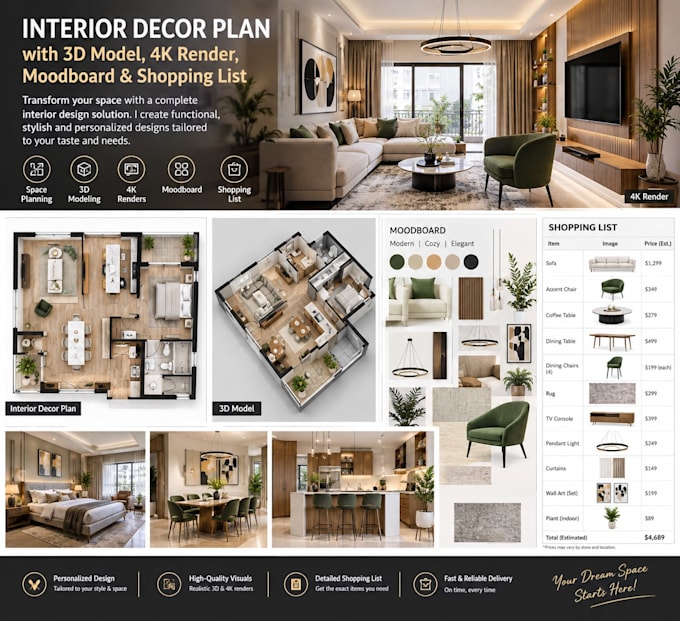 create interior decor plan, 3d model, 4k render, moodboard and shopping
