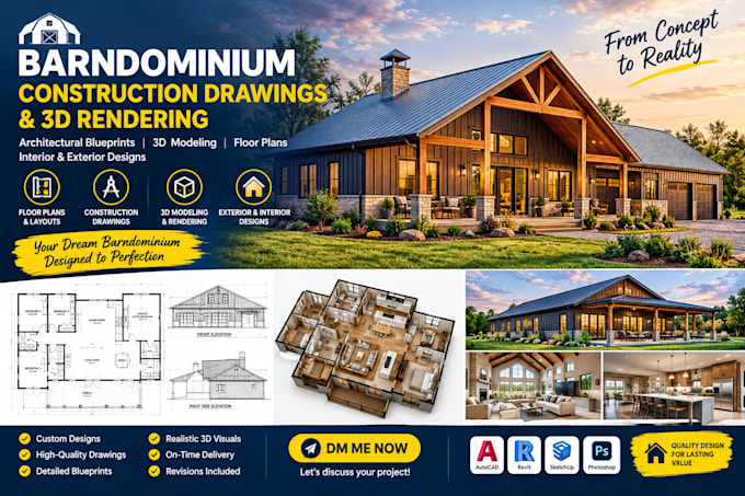 design barndominium construction drawings, architectural blueprints, 3d modeling
