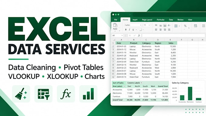 clean excel data, create pivot tables, vlookup and xlookup