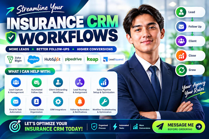 integrate, optimize insurance CRM workflows using zoho bigin salesforce hubspot