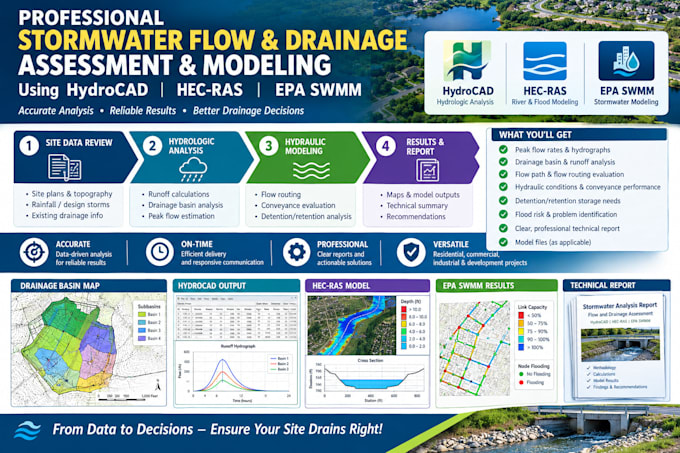 do stormwater flow and drainage assessment using hydro cad hec, ras swmm