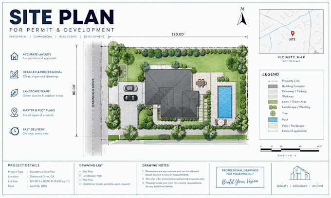 create site plans, plot plans, master plans and landscape layouts for permits