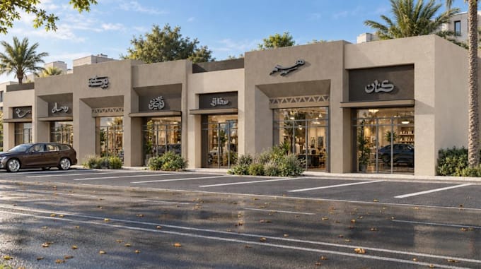render 3d strip mall concept, shop front design,commercial complex cgi rendering