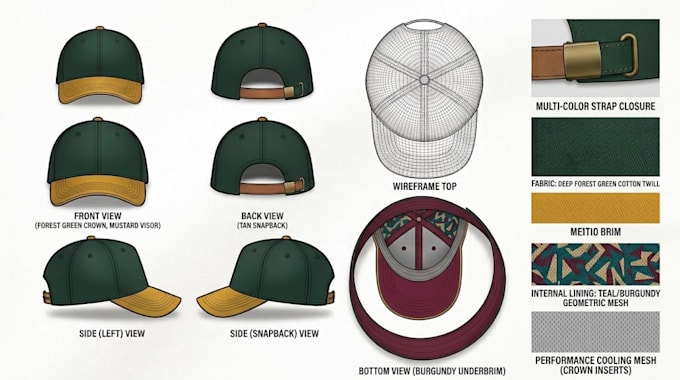 design cap tech pack, hat spec sheet, technical flat for headwear manufacturer