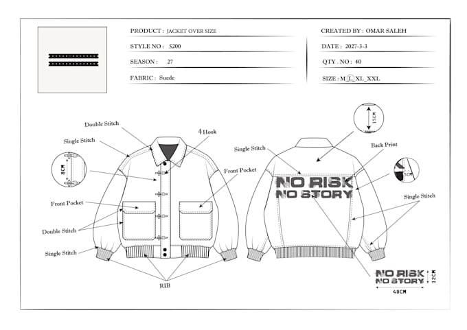 create detailed tech pack and fashion design for men