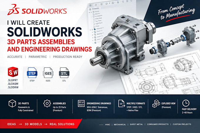 create solidworks 3d parts assemblies and engineering drawings