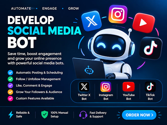 develop social media bot, twitter bot, instagram bot, youtube bot, tiktok bot