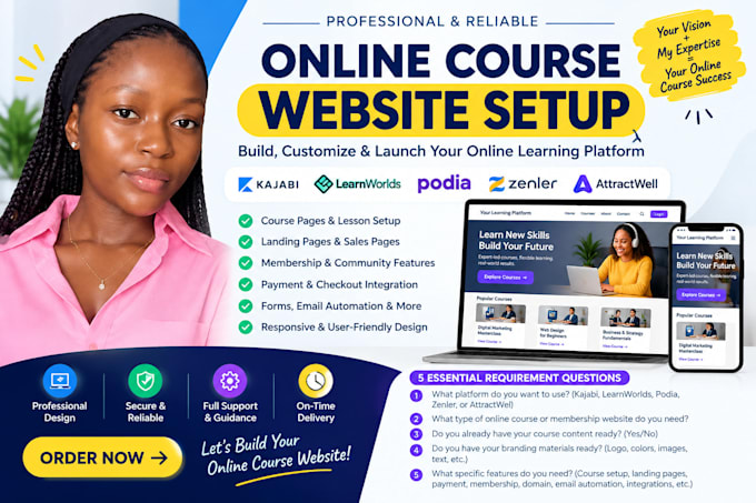 setup online course website using learnworlds, podia, zenler attractwell, kajabi