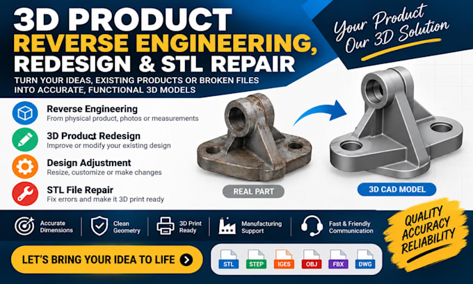 3d product reverse engineering, redesign, cad modification and stl file repair