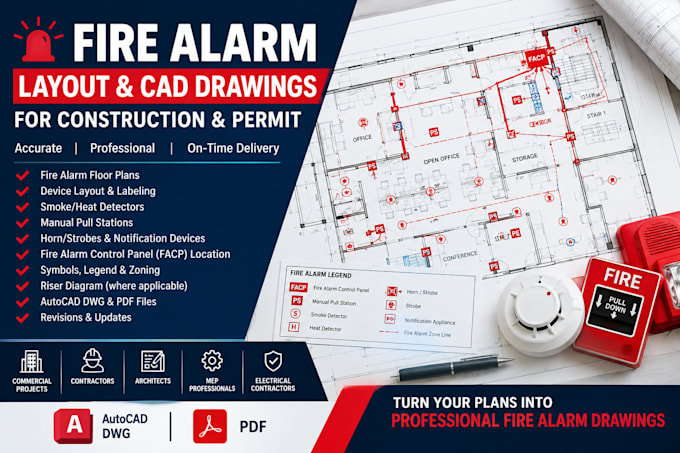 create fire alarm layout, plans and autocad drawings for construction and permit