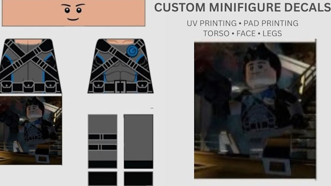 design 2d lego minifigures decals for uv and pad printing