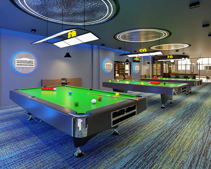 render 3dbilliard club interior,snooker hall,pool room setup,bar area,dark moody