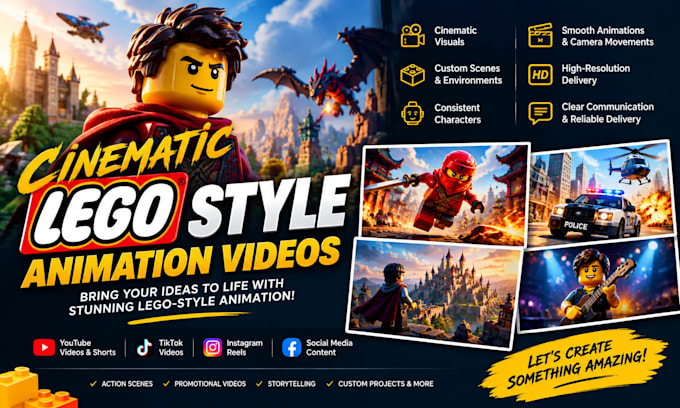 make lego video style, film, animation