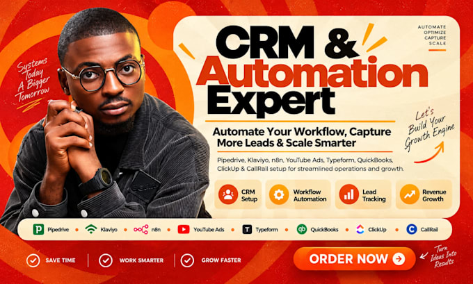 pipedrive klaviyo n8n automation youtube ads typeform quickbook clickup callrail