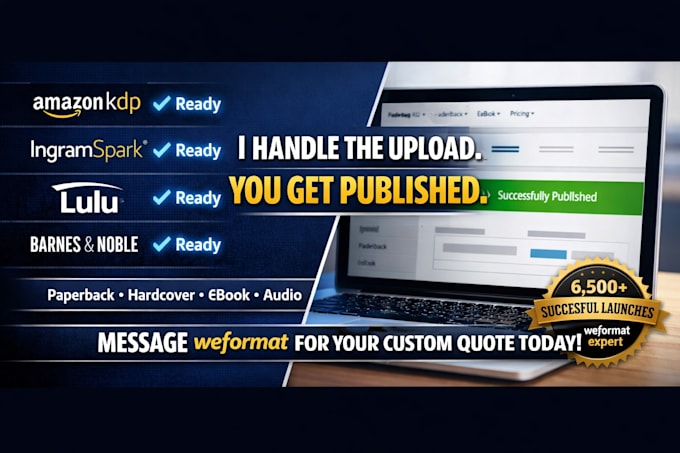 publish book, ebook or audio book to ingramspark, amazon KDP, lulu, audible