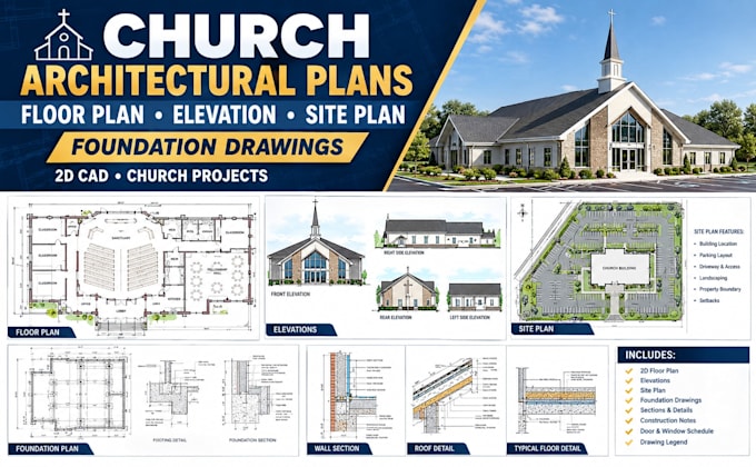 2d church architectural floor plans, elevation, site plan and foundation drawing