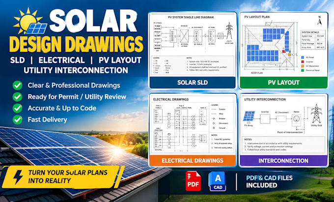 design solar pv sld, electrical drawings, pv layout interconnection utility plan