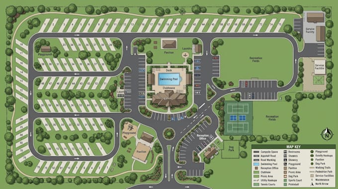 create rv park site plan, campground layout, campsite and property map