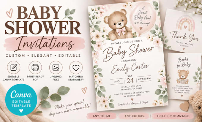 design baby shower invitations and editable canva templates