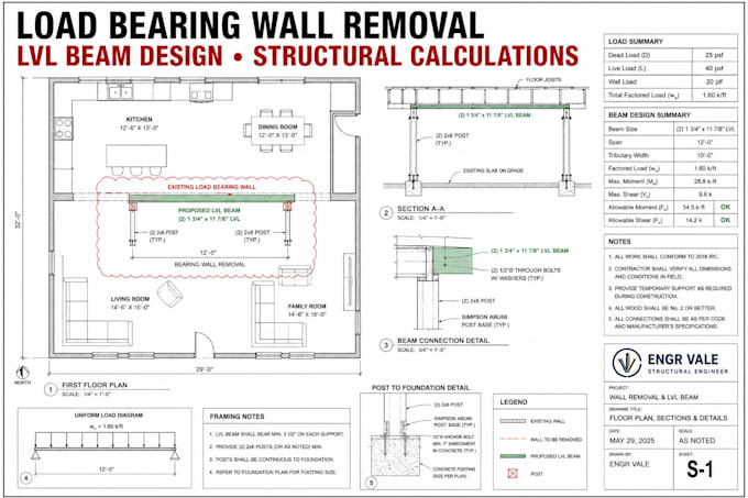 usa load bearing wall removal lvl beam basement structural calculation icf truss