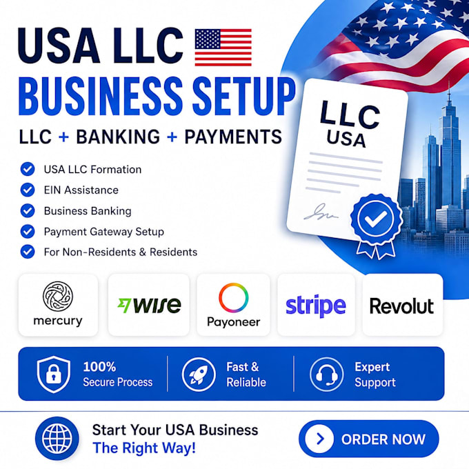 register USA llc, ein, mercury, wise, payoneer and stripe setup