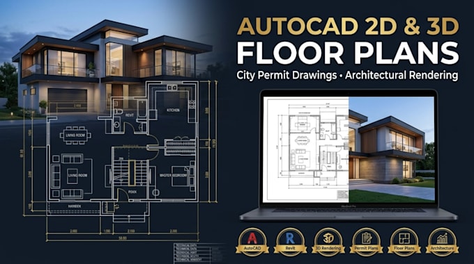 draw autocad 2d 3d floor plan design, city permit and architectural 3d rendering