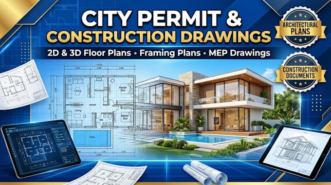 architect city permit construction drawing, 2d 3d floor plans, framing plan, mep
