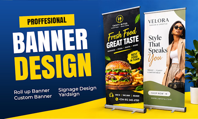 do custom banner design, retractable roll up signage, yard sign storefront booth