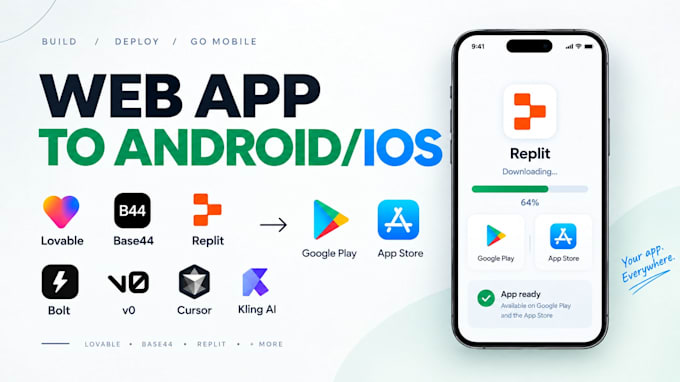 convert your lovable, base44 replit web app to android and ios
