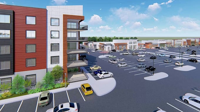 design 3d waterfront boardwalk, retail plaza, mixed use development