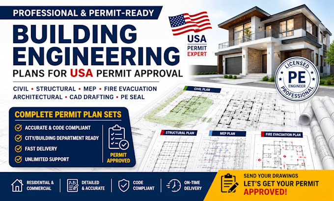 design civil structural mep plans, fire evacuation plan seal for USA permits