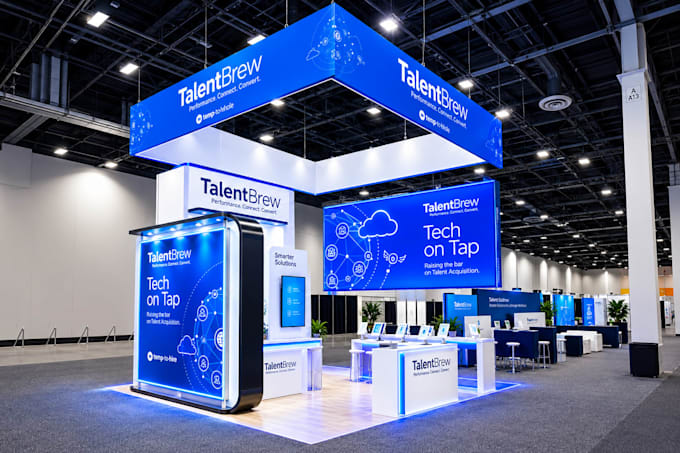 do 3d trade show lighting booth design with reception counter