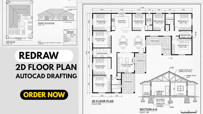 draw 2d floor plan, house plan, site plan, section, elevation, autocad drafting