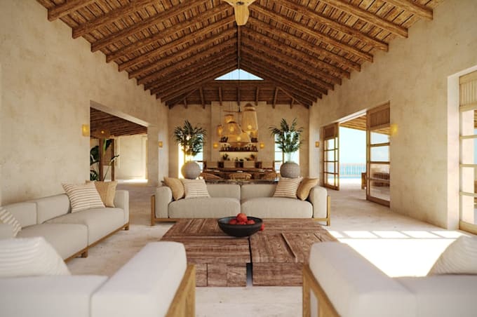 external 3d render for desert villa, organic modern resort design, outdoor space