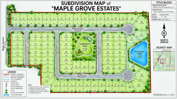 draw and render subdivision map, property map, parcel map and site plan