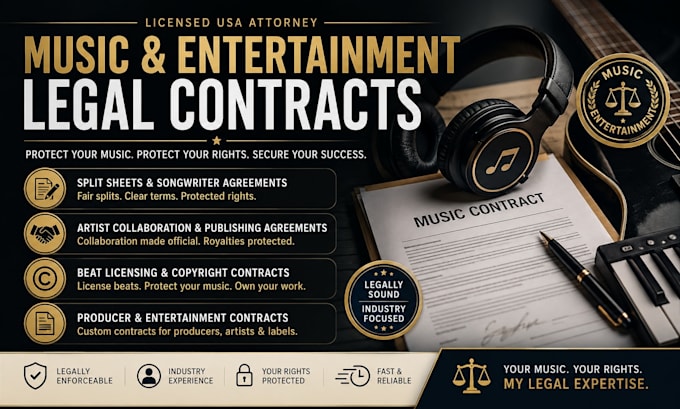 be your entertainment lawyer for custom music contracts and split sheets