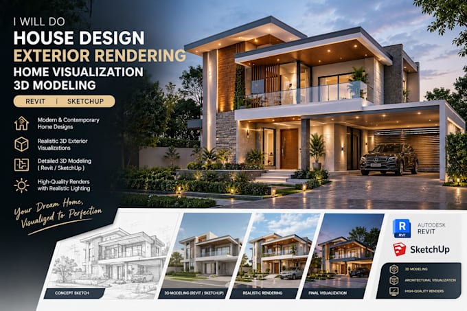 do house design exterior rendering home visualization 3d modeling revit sketchup