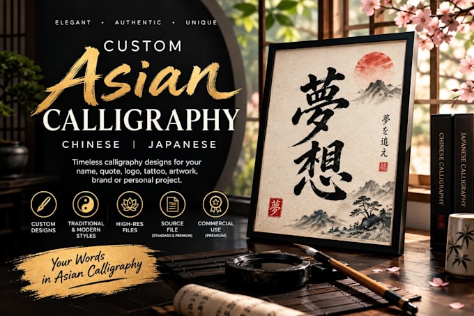 do custom asian calligraphy design in chinese, japanese